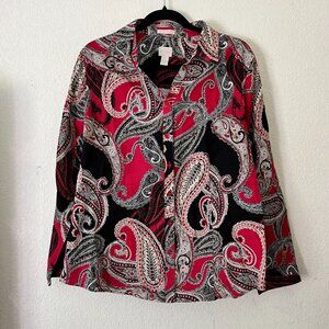 Chicos Womens Size 3 Black Red No-Iron Cotton Paisley Button Down Shirt Top